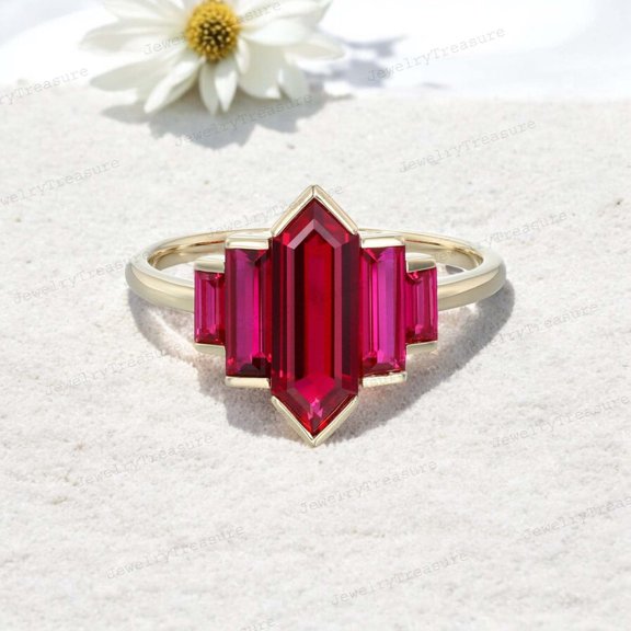 JEWELRYTREASURE 10x5 mm / 1 Ct Pink Ruby Ring Cluster Handmade Jewelry Bezel Set Promise Ring July Birthstone Ring Gift for Mom Hexagon Shape Gemstone Ring