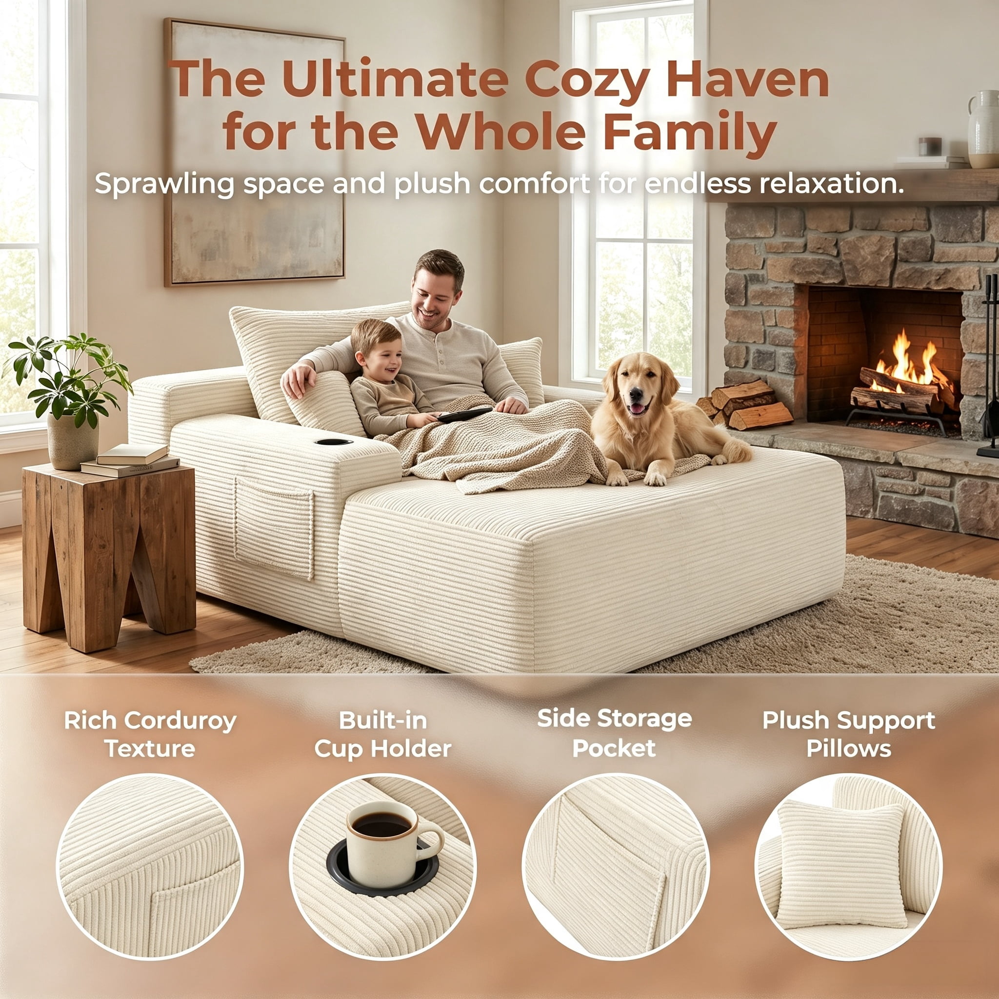 ShiKeyi 65'' Chaise Lounge Chair Indoor, Boneless Sofa Cloud, Plush Corduroy Chaise Couch with Cup Holders, Side Storage Pocket & Pillows, No Assembly Required, Beige
