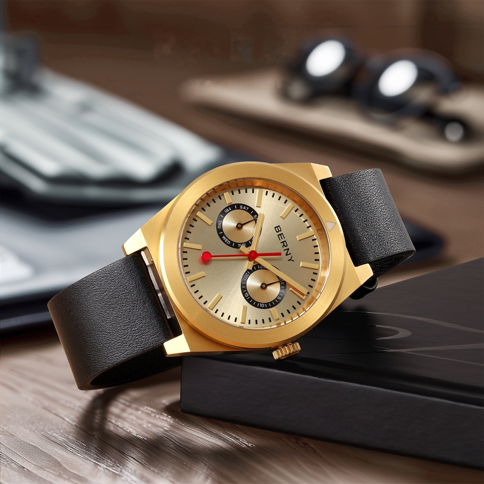 BERNY Gold Watches for Men, Classic Vintage Quartz Analog Watch with Day & Date Calendar, Leather Strap, Stainless Steel, Luminous, Waterproof, Fashion Sport Casual Men's Wristwatch (Gold)