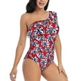 thumbnail image 3 of Haiem Palm Tree Pattern on Red Women's One Piece Swimsuits Tummy Control One Shoulder Bathing Suits Ruffle Swimwear-Small, 3 of 8