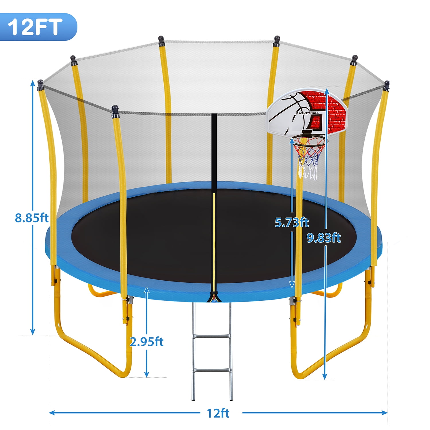 Kadyn Indoor Outdoor Mini Trampoline, 12FT Jumping Trampoline with Safety Enclosure Net, Metal Children Trampoline with Basketball Hoop and Ladder, Yellow Kadyn Indoor Outdoor Mini Trampoline, 12FT Jumping Trampoline with Safety Enclosure Net, Metal Children Trampoline with Basketball Hoop and Ladder, Yellow