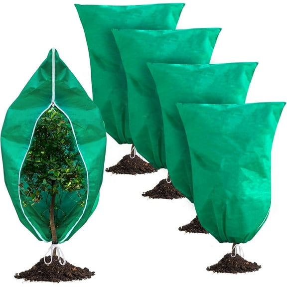 4 Pack Plant Covers Freeze Protection, 32''W x 48''H 2.5oz/yd² Winter Tree Frost Blankets Frost Cloths Protectors Bag Cover with Zipper Drawstring for Outdoor Plants Shrub Fruit Trees Potted