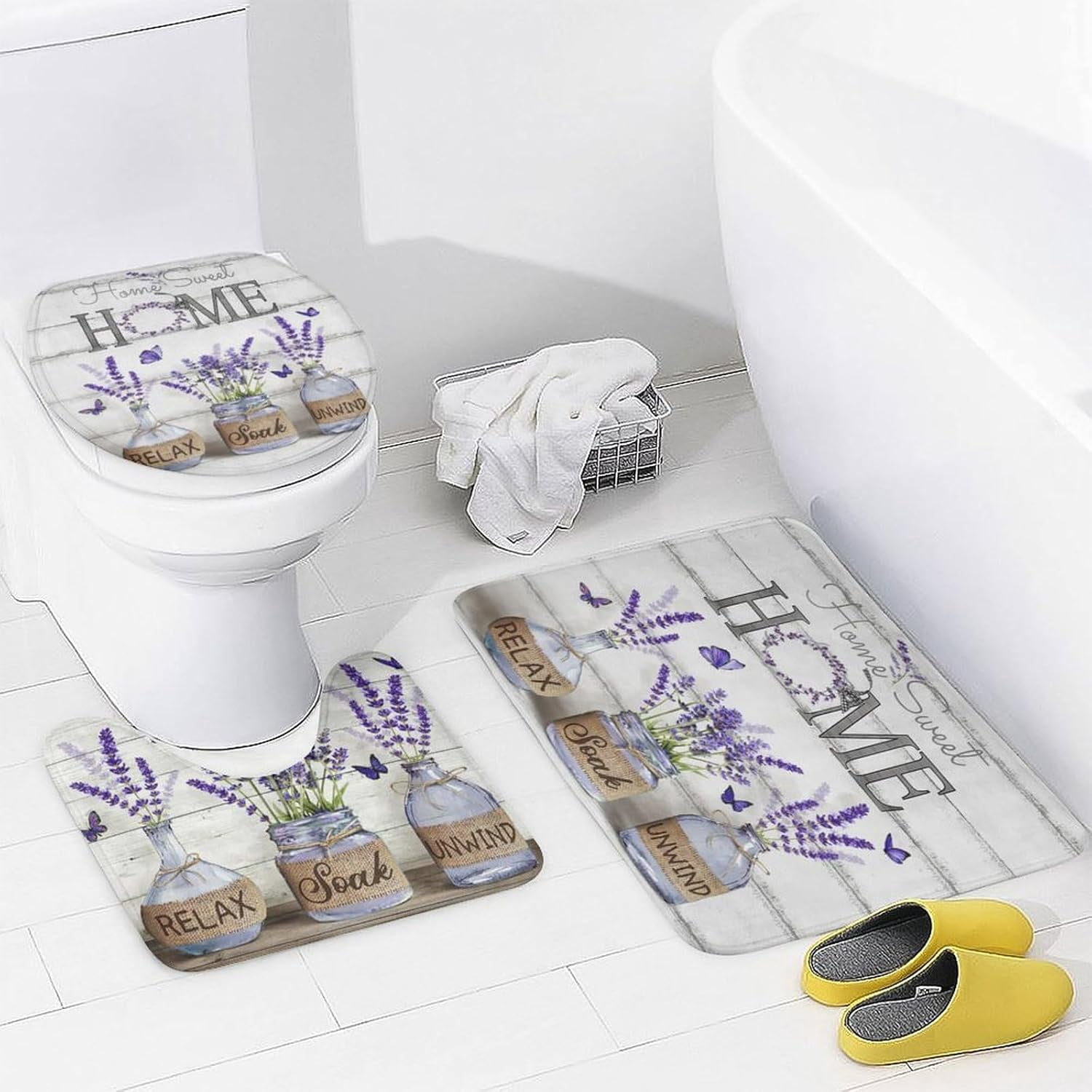 4PCS Shower Curtain Sets with Rugs Farmhouse Shower Curtain Neutral Rustic Country Shower Curtain Sets Purple Lavender Flower Shower Curtain Sets Bathroom Decor with Non-Slip Bath Mat Toilet Rug