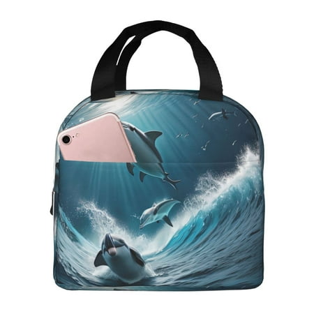 Insulated Lunch Bag for Women Men - Ice Blue Ocean Cute Dolphin A Leakproof Cooler Lunch Box for Women Men  Lunch Tote Bags for Work School Picnic Travel
