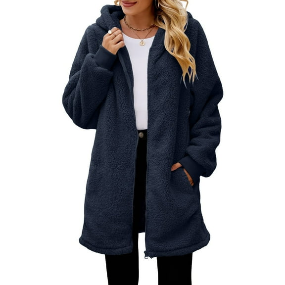 Womens Fuzzy Fleece Jacket Sherpa Lined Zip Up Hoodie Coat with Pockets (Dark Blue S)