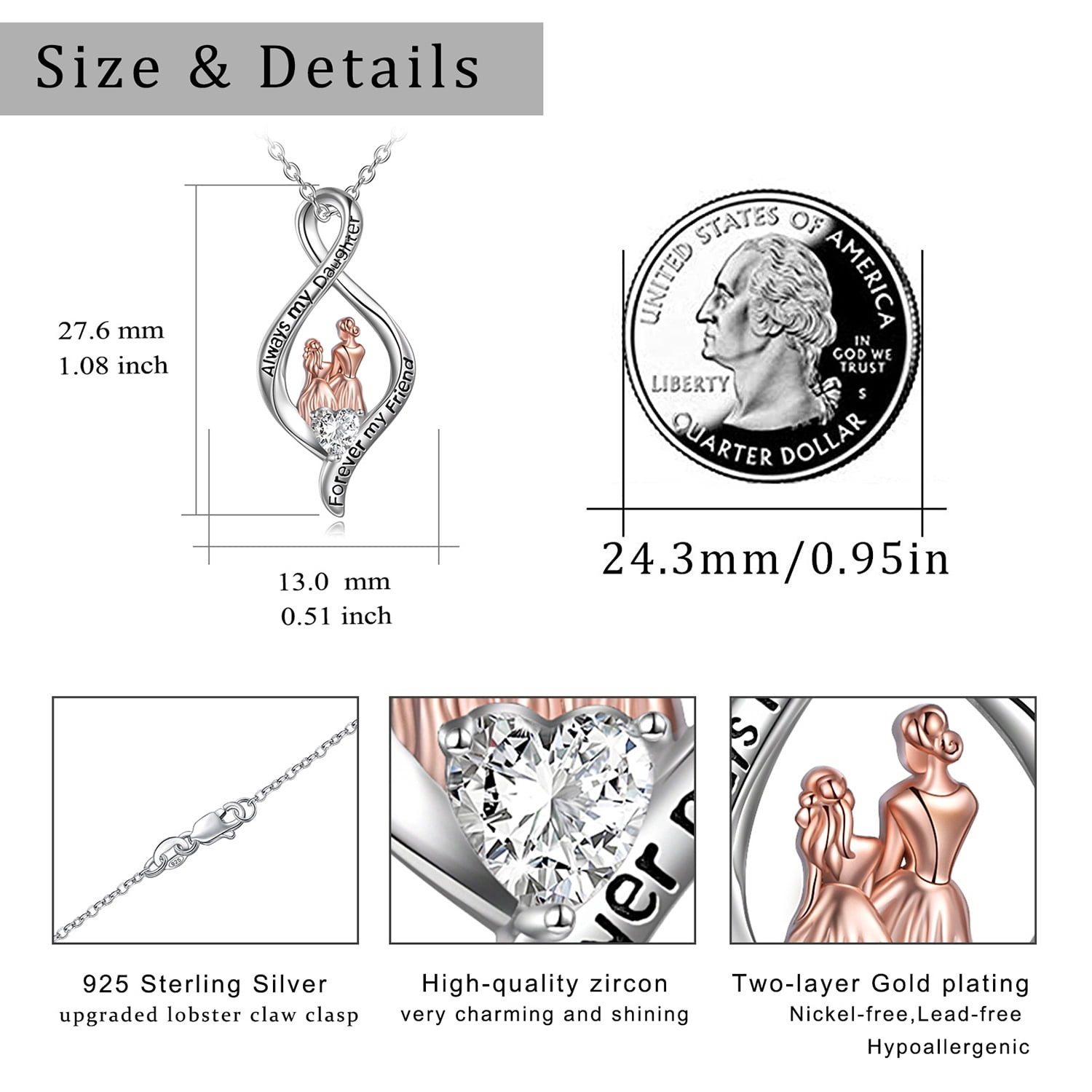 WINNICACA Sterling Silver Mother Daughter Pendent "Always My Daughter Forever My Friend" Jewelry Necklace Mothers Day Birthday Gifts from Mother to Daughter