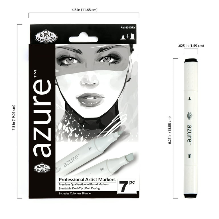 Royal & Langnickel Azure, 7pc Dual-Tip, Alcohol Based Marker Set, Includes  - 6 Markers & 1 Blender, Grayscale Colors