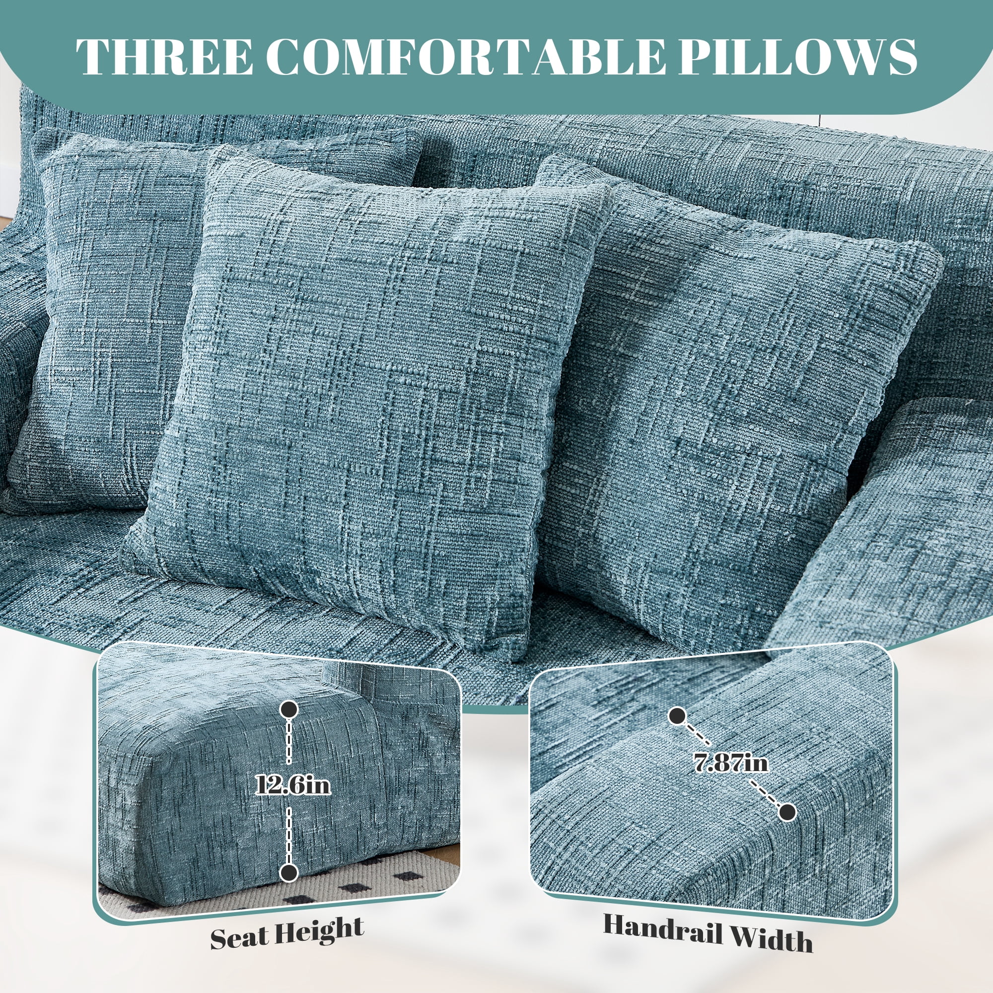 MOONMISS Chenille Upholstered Deep Seat Bean Bag Lazy Sleeping Sofa Chair with Three Pillows and Side Pocket-Mint Blue