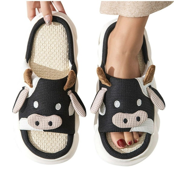 Women's Y2K Kawaii Linen House Slippers Coquette 3D Cartoon Cow Fleece Slippers Cottagecore Leaky Toe Fluffy Shoes Funny Slipper Cow Stuff Gifts