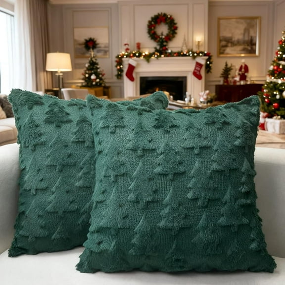 Christmas Tree Pillow Covers Set of 2 Soft Plush Faux Fur Wool Decorative Throw Pillow Pillowcases for Farmhouse Holiday Winter Home Decor, 18 x 18 inch, Green