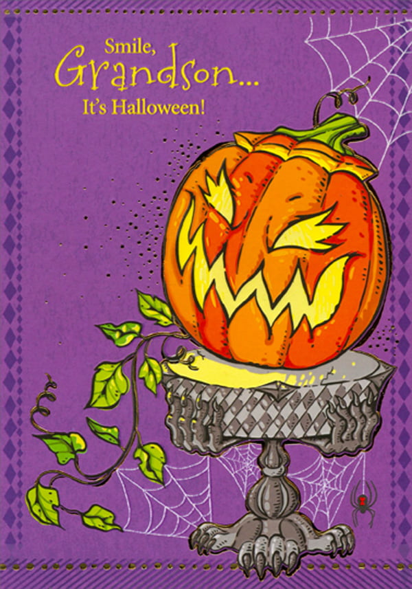 Grandson Halloween Greeting Card Black Cat Ghost Costume Pumpkin Bats NEW 