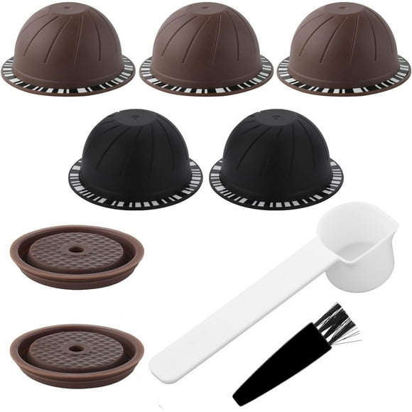 LAICAIW 5pcs Reusable Pods for Nespresso Vertuo Machine, 230ml & 150ml Refillable Coffee Capsule Set with 2 Silicone Lid, 1 Spoon, 1 Brush Coffee Accessories for Nespresso