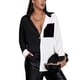 thumbnail image 1 of Camisa de mujer con botones de una sola fila, costura de Color, manga larga, bolsillo de un lado, dobladillo suelto, camisa informal para uso diario, negro, blanco, M, 1 of 7