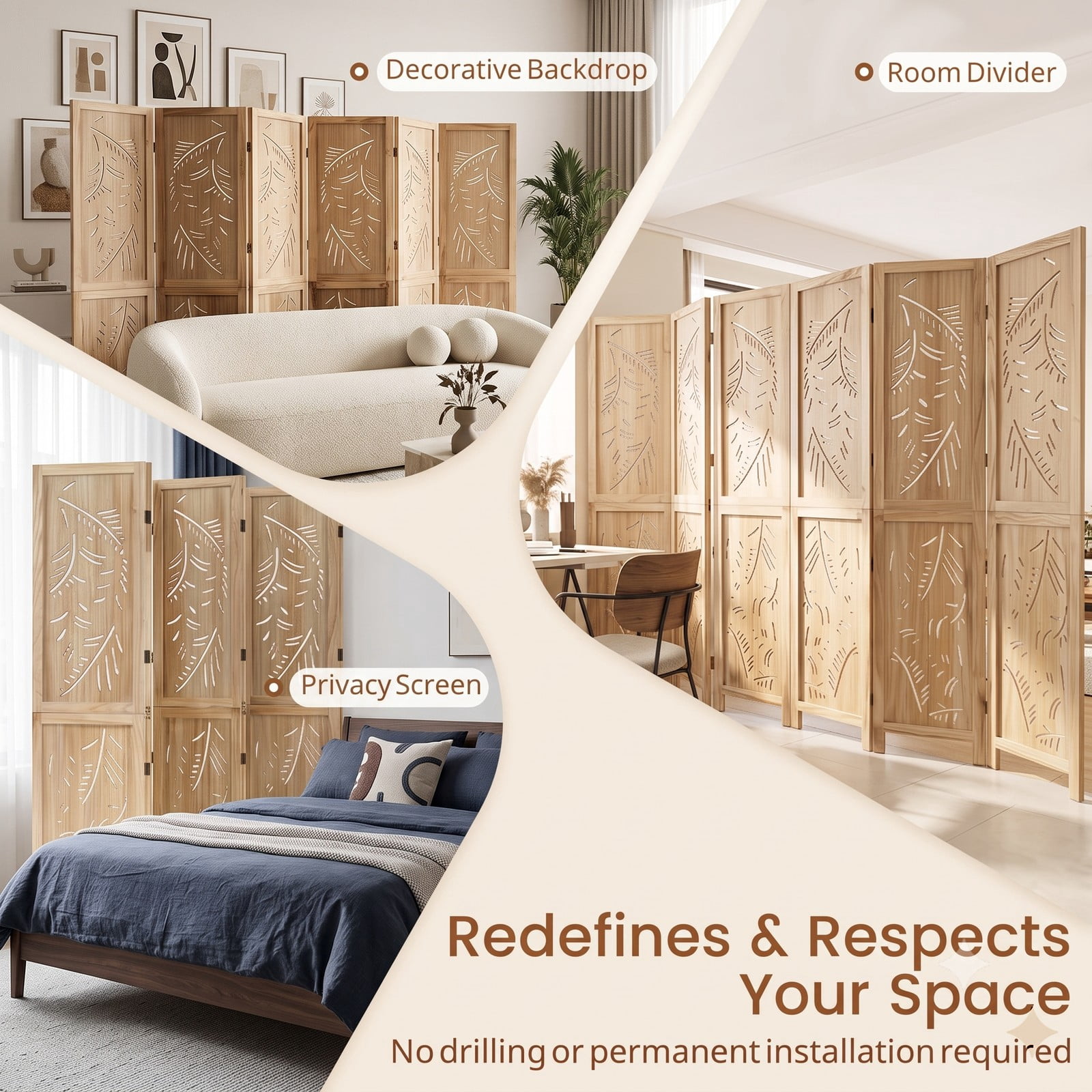 ALPULON 6-Panel Wooden Room Divider Freestanding Folding Privacy Screen with Palm Leaf Design and Paulownia Wood Frame for Home Office Bedroom, Natural