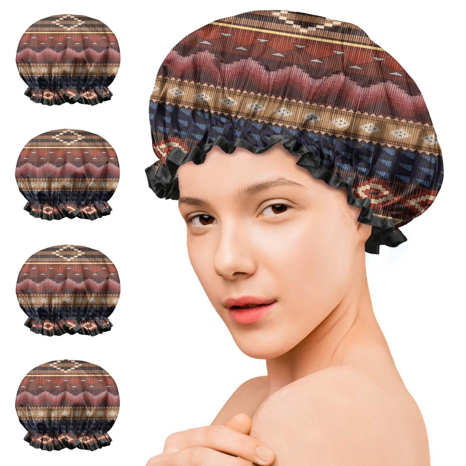 Shower Caps,Boho Multicolor Geometric Ethnic Pattern Waterproof Shower Cap for Women 4 Pieces,Double Reusable Hair Cover for Shower PEVA Elastic Stretch Hem