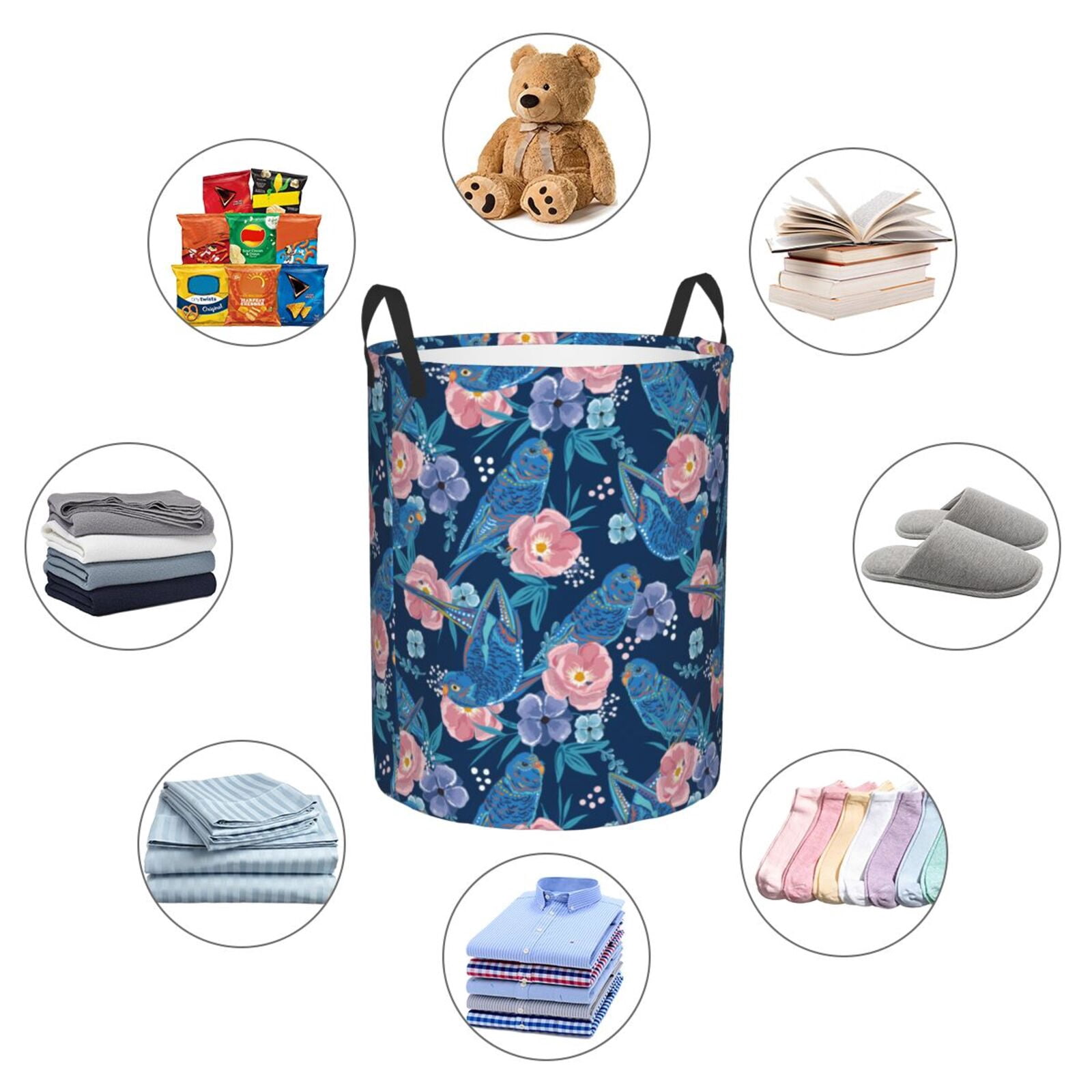 Large Laundry Basket with Handles - Classic Blue Cute Parrot Flower Kids Baby Dirty Clothes Laundry Hamper for Bedroom Aesthetic