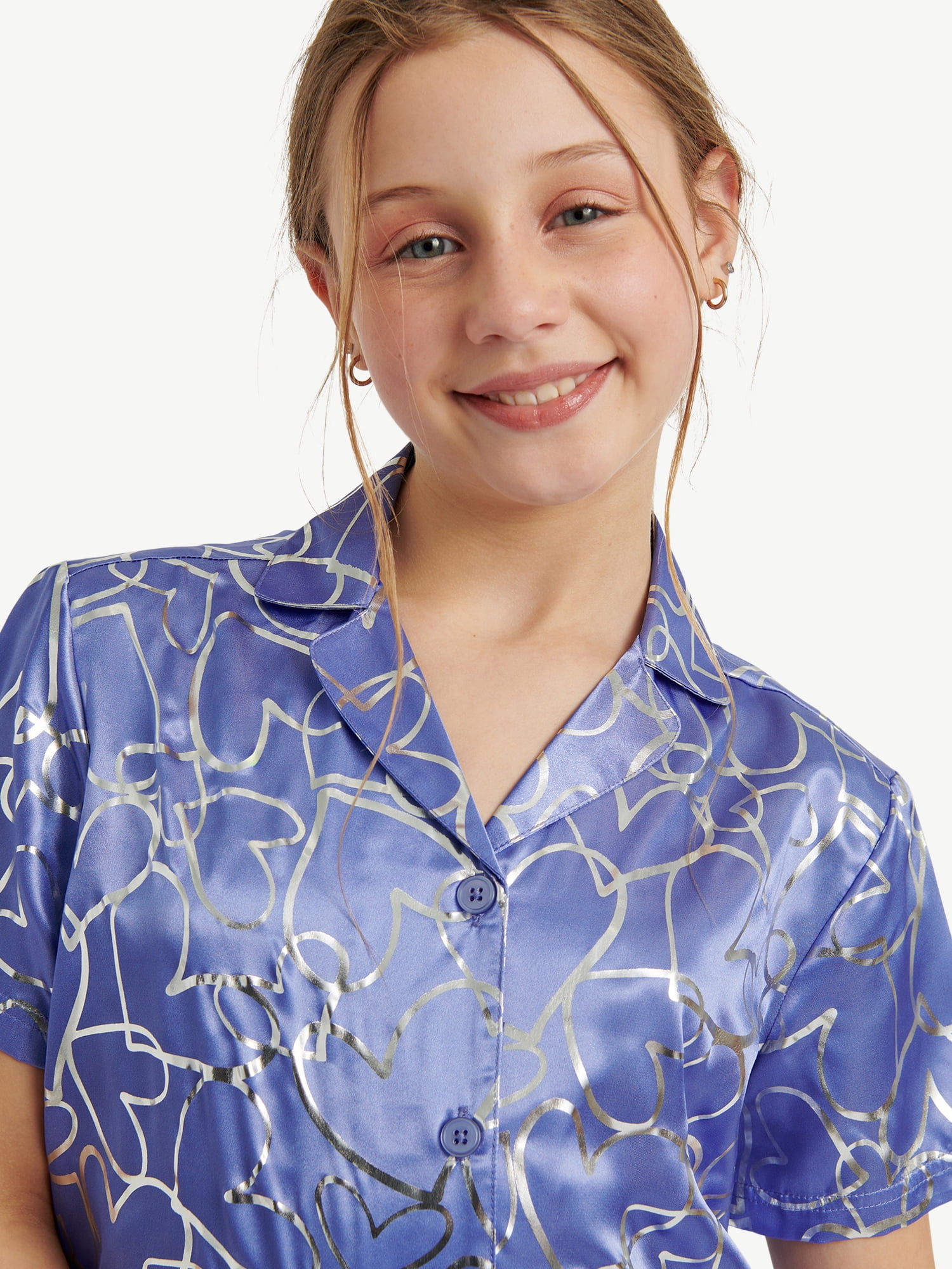 Justice Girls Satin Short Sleeve Button Front Sleep Top and Sleep Pants, 2-Piece, Sizes 5-18 & Plus