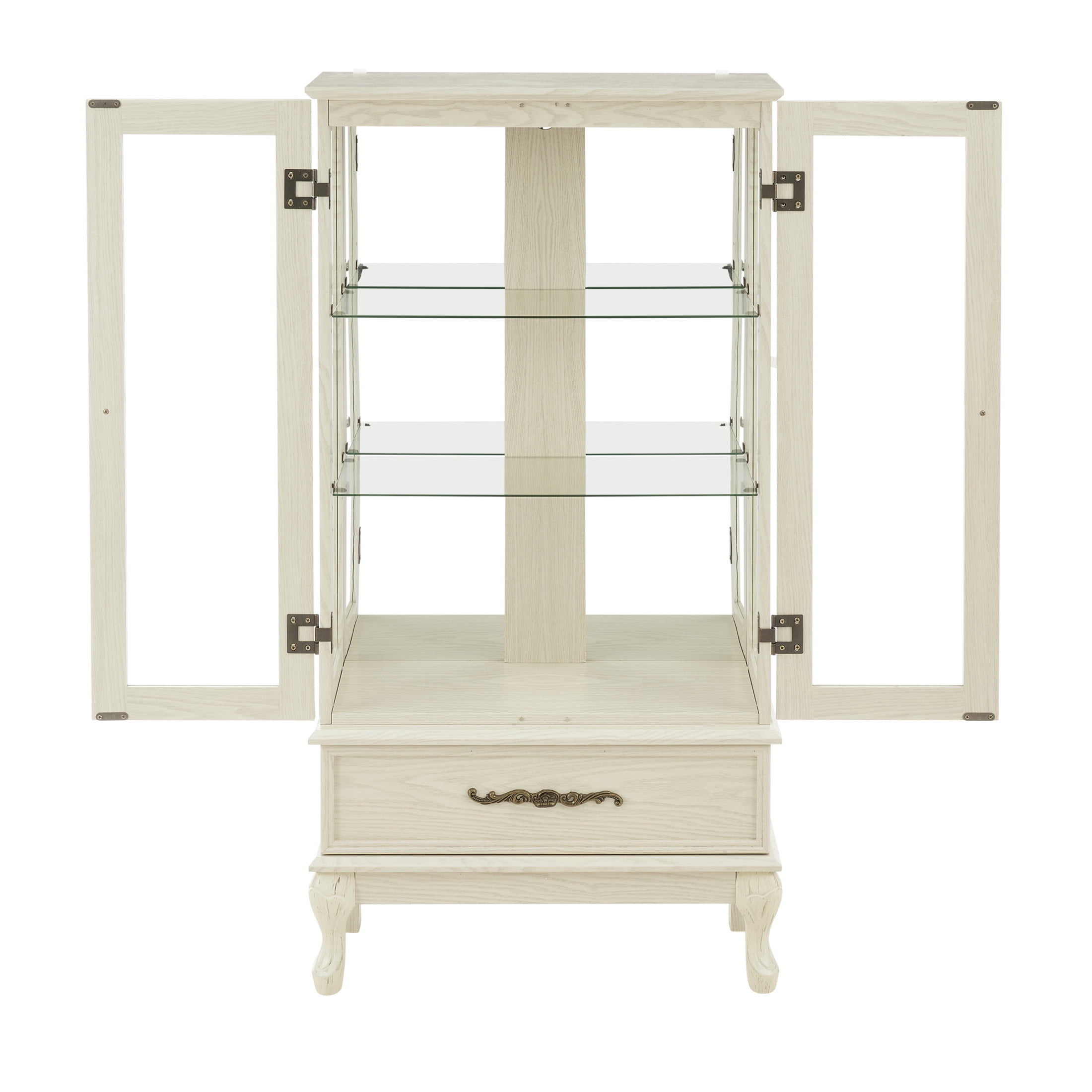 Noble House Timothy Lighted Glass Curio Cabinet with Drawer, Adjustable Shelves Display Case Sideboard, Antique White