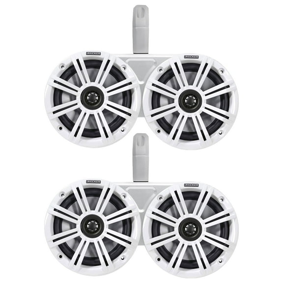 2 Pair (QTY 4) of Kicker 6.5" 2-Way 195 Watts Peak Power Coaxial Marine Audio Speakers with White Grilles, 6.5" Marine Tower Dual Speaker Enclosures (Pair) - White