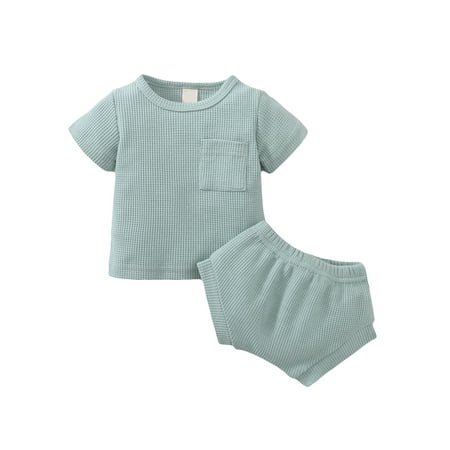 

Nokpsedcb Summer Newborn Baby Boy Girl Clothes Set Ribbed Outfits Unisex Infant Solid Cotton Button Short Sleeve Tops Shorts 2PCS Green 2-3 Years