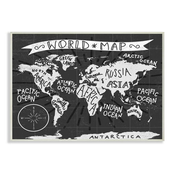The Kids Room by Stupell Kids World Map Black and White Nursery Design Wall Plaque Art by Daphne Polselli