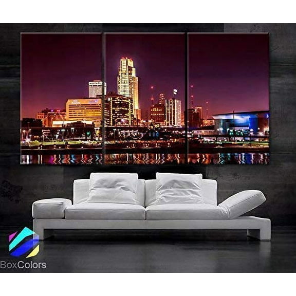 BoxColors - Large 30"x 60" 3 Panels 30"x20" Ea Art Canvas Print Beautiful Omaha Skyline Light Downtown Colorful Wall Home Office Decor (Framed 1.5" Depth)