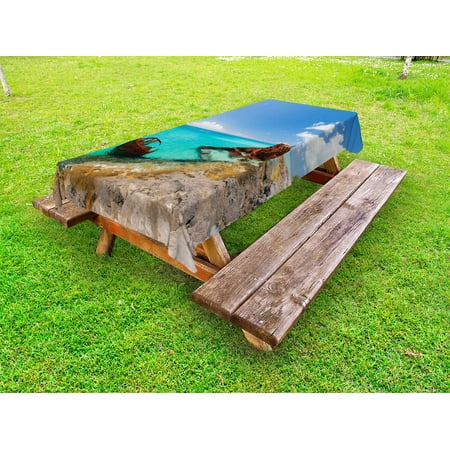 

Shipwreck Outdoor Tablecloth Ship Wreckage on a Peaceful Rock Shore Natural Wonder under Idyllic Sky Image Decorative Washable Fabric Picnic Table Cloth 58 X 84 Inches Multicolor by Ambesonne