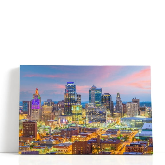 Kansas City, Missouri, Downtown Cityscape At Twilight - Wrapped Canvas Print Wall Art | 18" W x 12" H