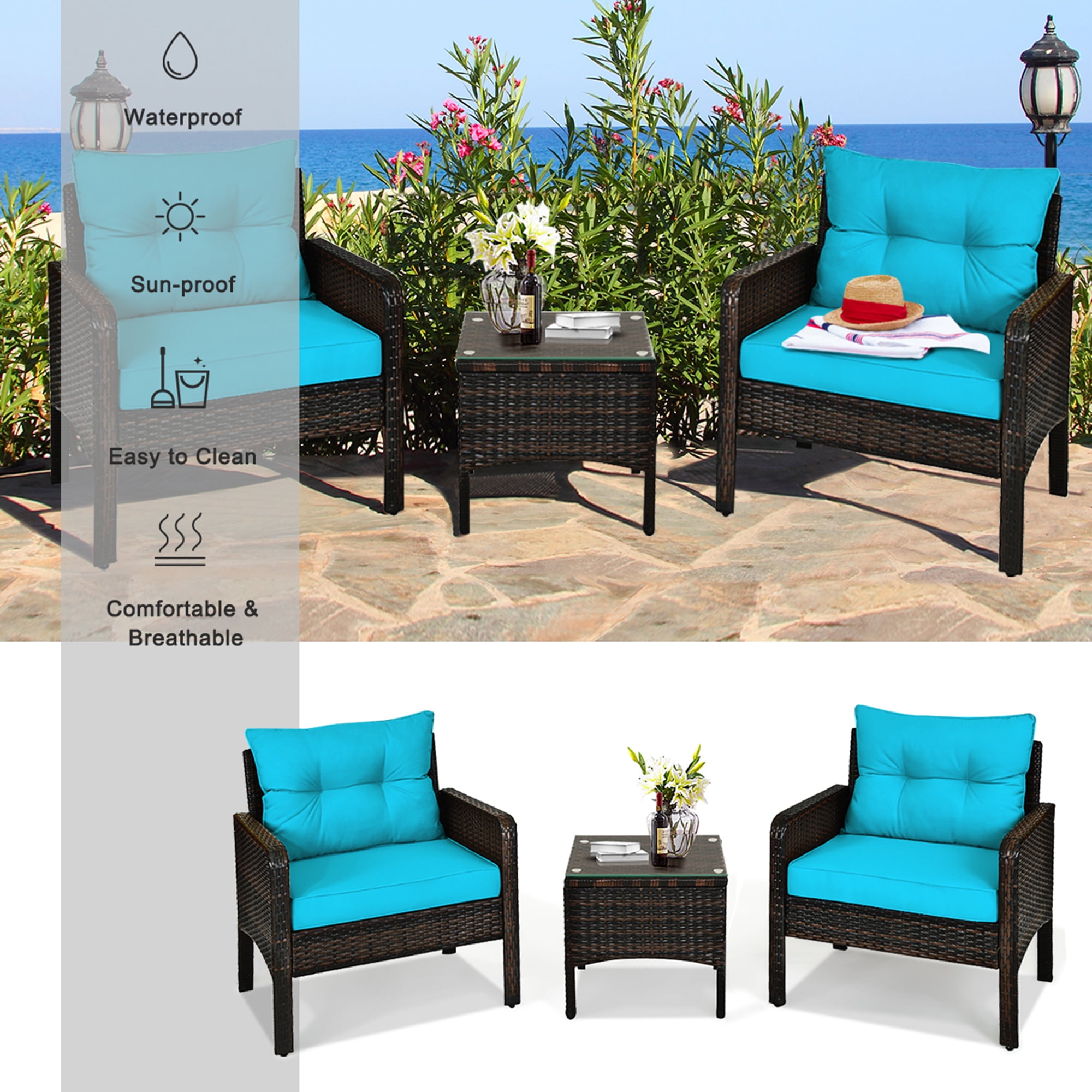 Gymax 3PCS Patio Outdoor Rattan Furniture Set w/ Coffee Table Turquoise Cushion