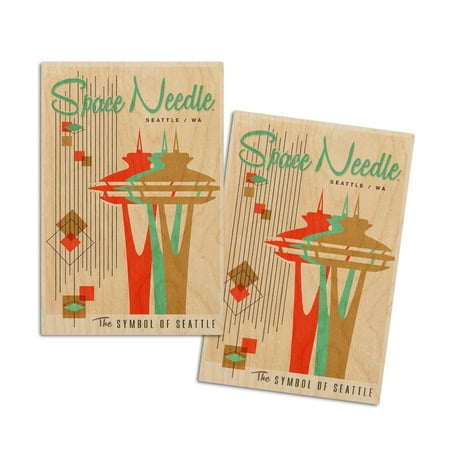 

The Space Needle Simple Block Color Mid Century Modern Graphic Design (4x6 Birch Wood Postcards 2-Pack Stationary Rustic Home Wall Decor)