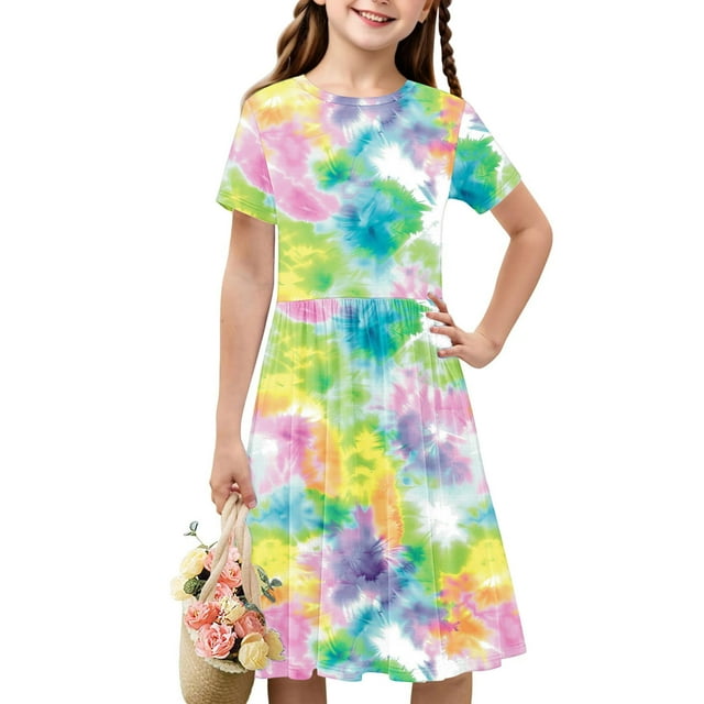 Ventes de Liquidation Aujourd'hui Offres Iumwxz Tunique Robe Plissée Robe Ample Ligne A Robes Col Rond Teinture sur Nœuds Graphique Robe à Manches Courtes pour Filles Robes Décontractées pour Fête à la Maison 4-14 Ans