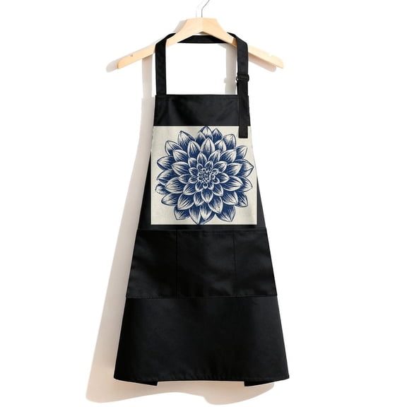 RKSupls Waterproof Bib Apron with 3 Pockets, Indigo Linocut Flower Adjustable Neck Strap Soft Polyester Water Resistant Apron for Kitchen Restaurant Home Use