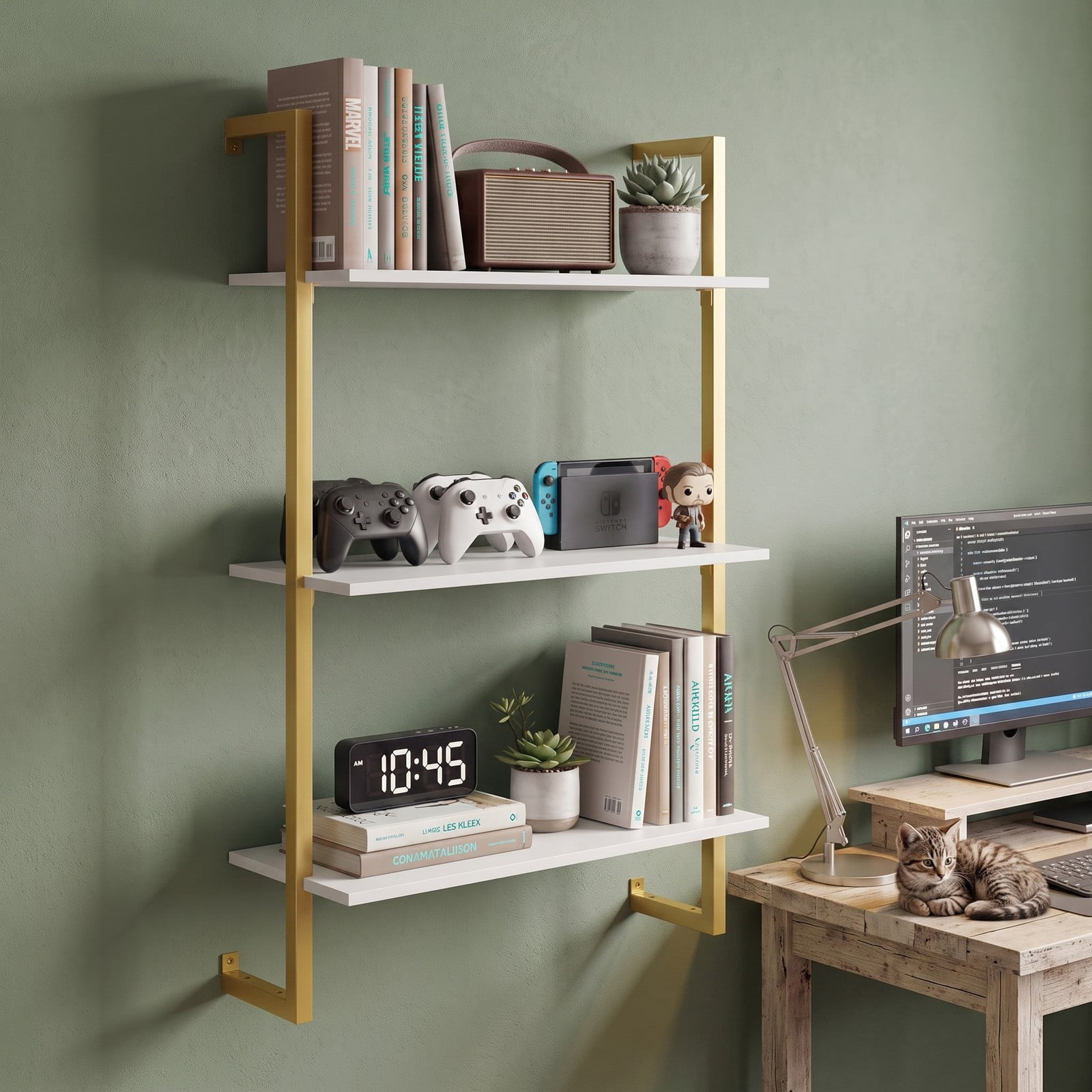 Furnibear 3-Tier Floating Wall Shelf, Modern White Wood Bookcase Wall-Mounted Storage Rack for Living Room Bedroom Kitchen Home Office Bathroom, Space-Saving, White
