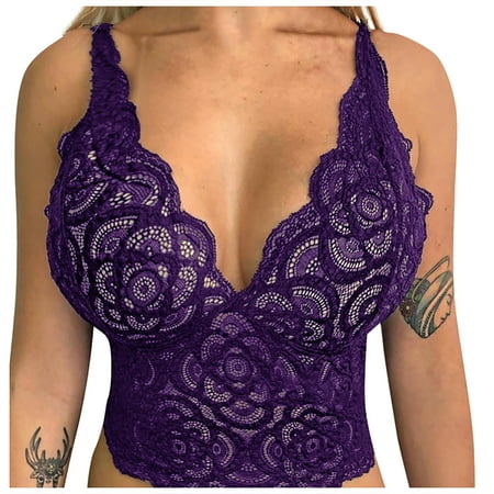 QIJIE Lingerie Corset Women s Lace Floral Bralette Bralet Bra Tank Cami Crop Underwear Purple S