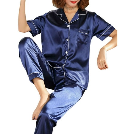 

wybzd Women Pyjama Set Silk Satin Sleepwear Short Sleeve Button Down Nightwear Soft Pj Sets Loungewear Homewear Blue M