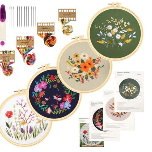 Embroidery Beginner Kits Flower Dandelion Stamped Embroidery Needlework Kits DIY Handmade Craft Threads and Needles Needlepoint Embroidery Kits with Instructions and Hoop (Blue)
