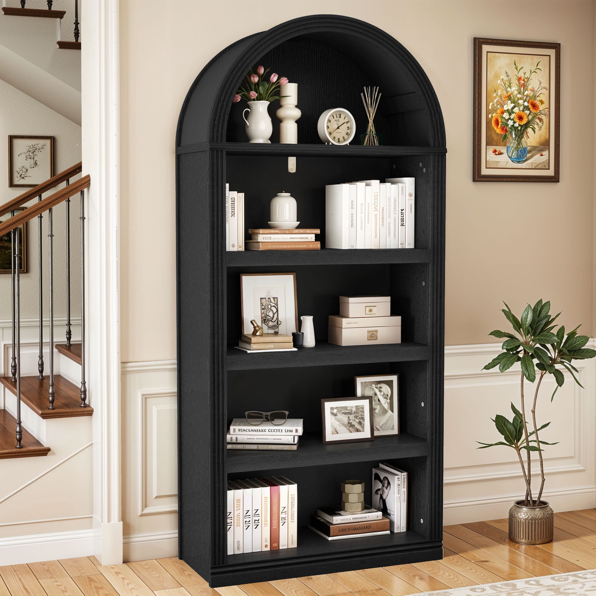 Uforic 5 Tiers Arched Modern Bookcase for Living Room, Black