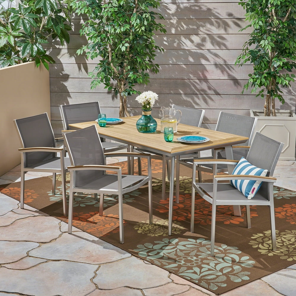 Harper Outdoor 7 Piece Aluminum and Mesh Dining Set with Faux Wood Top ...