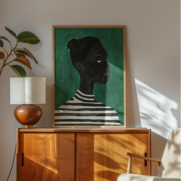 Black Woman Portrait Print, Minimalist Striped Shirt Wall Art, Bold Green Background, Modern Black And White Illustration Wall Art, Modern Wall Decor, 8x12 UNFRAMED