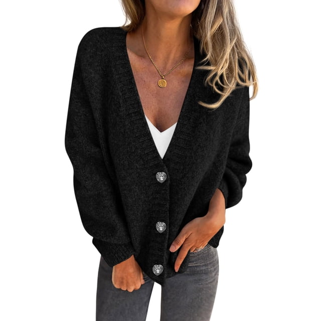 Suéter PRETTYGARDEN de Manga Larga con Botones, Tejido Grueso, Negro, Talla M