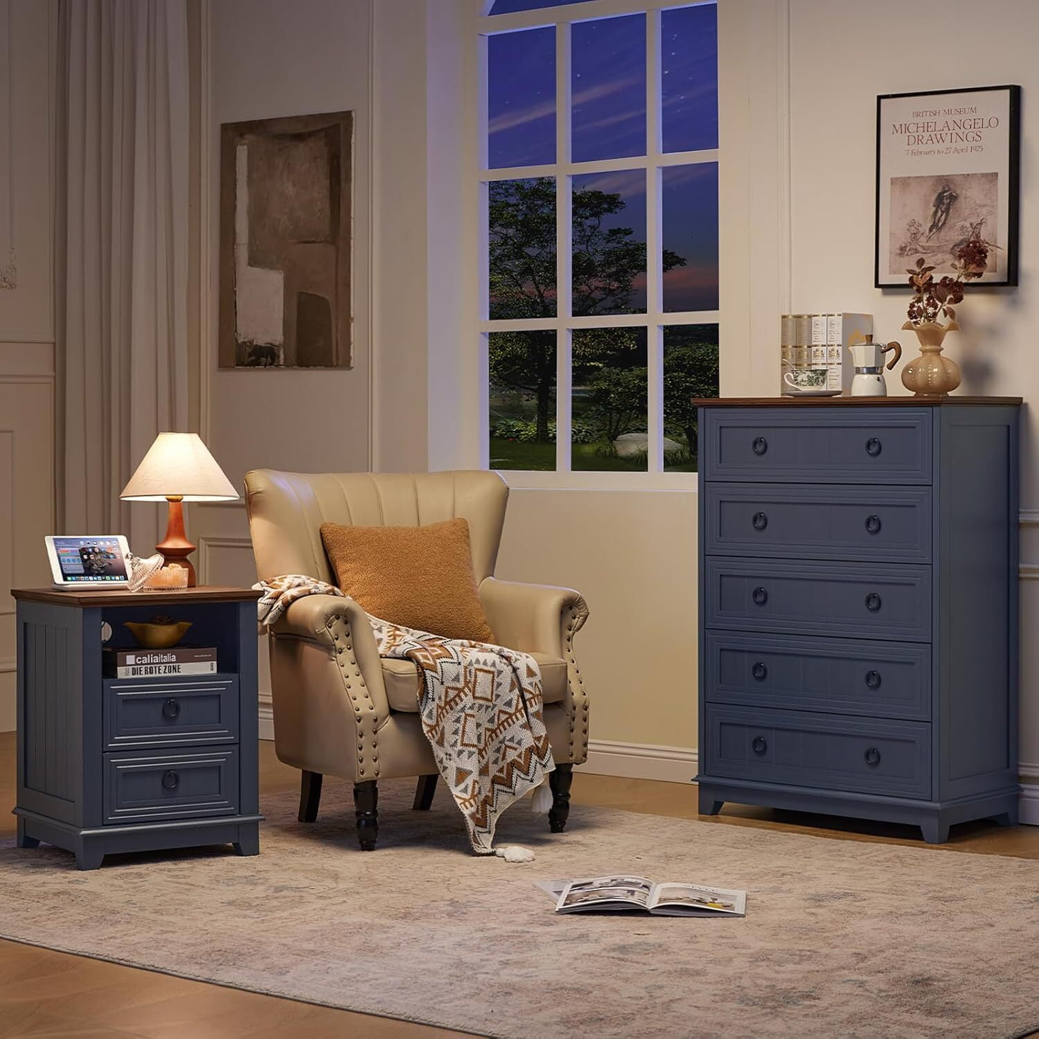 Joaxswe 5 Drawer Dresser Tall, Farmhouse Blue Chest of Drawers with Anti-Tip, Adult Large Storage for Bedroom, Hallway, Entryway