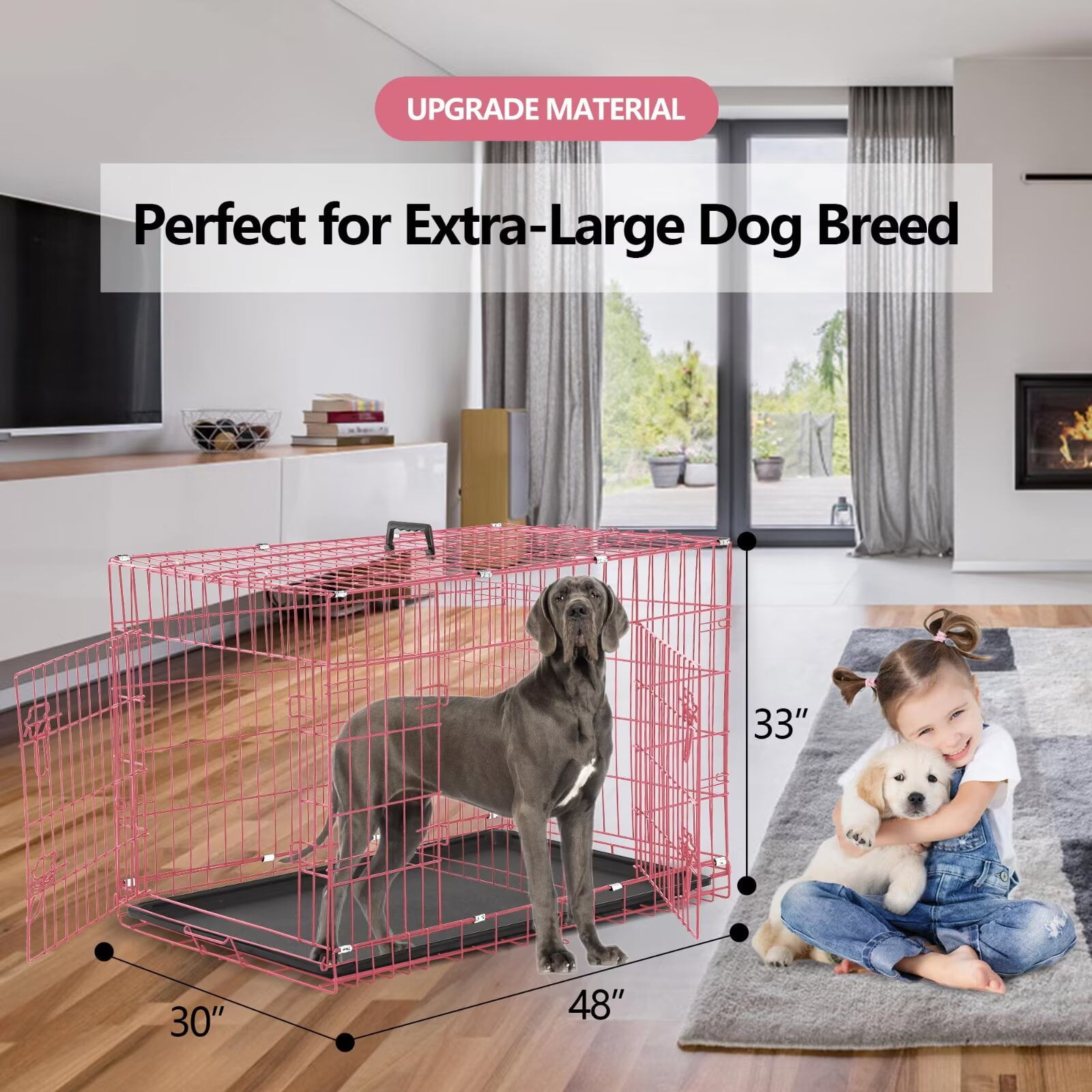 YRLLENSDAN,Dog Crates for large Dogs,large Dog Kennel Indoor,Wire Dog Crates,Collapsible Dog Crate,Crates for Dogs Indoor,48 Inch,Pink