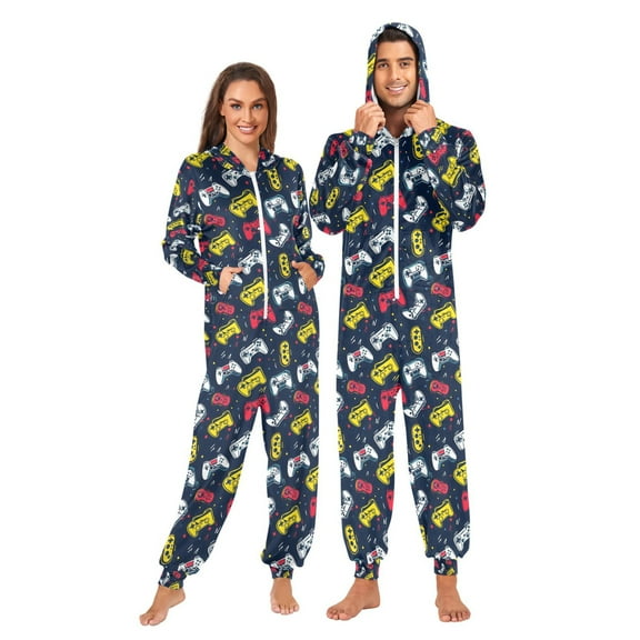 Adult Christmas Onesie Bright Yellow Red Game Controller Pattern Zipper One-Piece Pajamas Unisex with Pockets