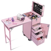 Byootique Nail Desk Mobile Station Rolling Makeup Train Case Manicure Table with Telescopic Handle, Pink
