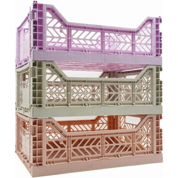 Collapsible Storage Box, Foldable Crate Organizer Bin with Handle, Stackable Crates for Home Organization (Lilac-LightGray-Peach, 14L - 3 Pack)