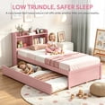 thumbnail image 5 of UHOMEPRO Twin Trundle Bed Frame with Storage and Bookcase Headboard, Pink Twin Bed with Trundle for Kids, Twin Bed Frame for Boys Girls, No Box Spring Needed, 5 of 7