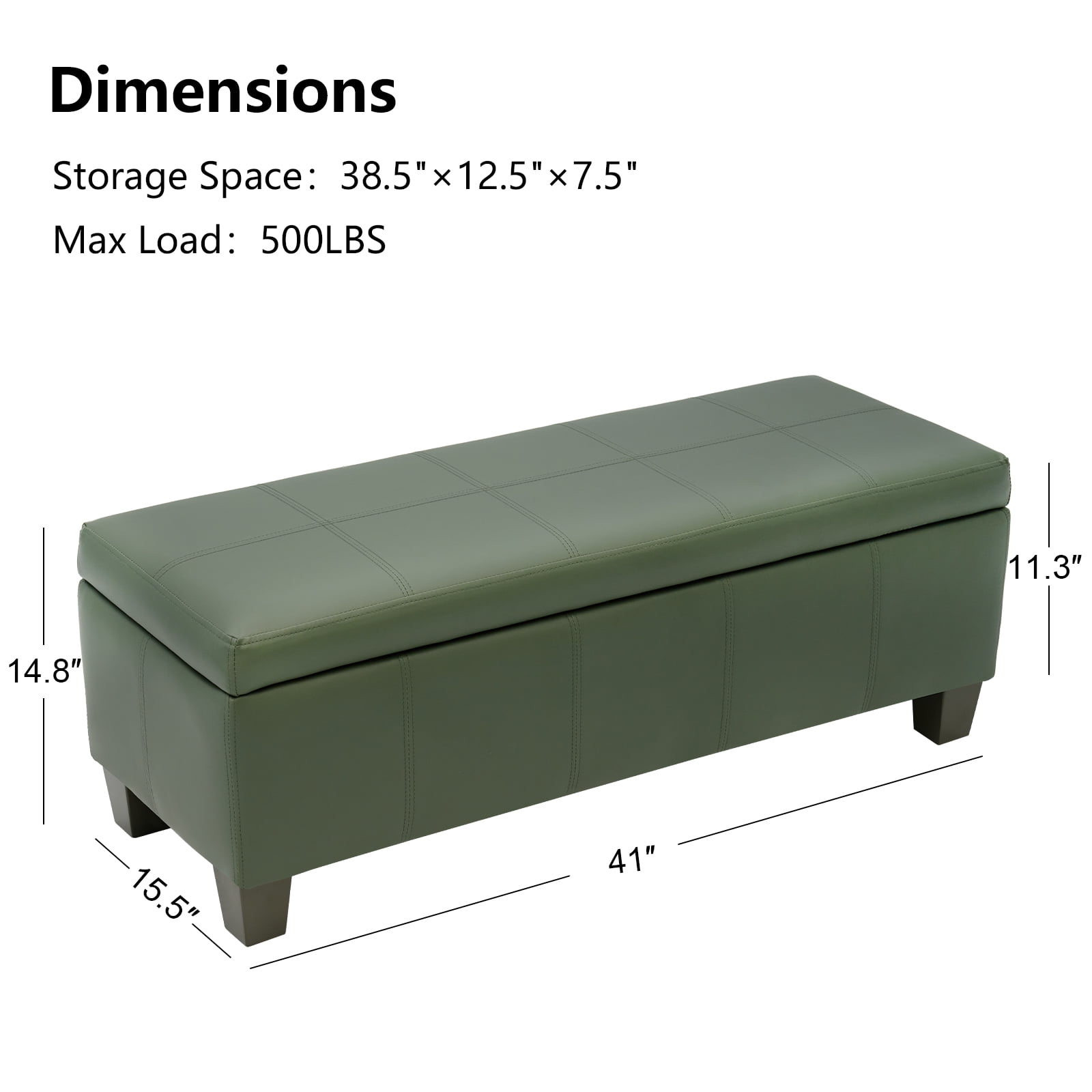 Foredo Rectangle Ottoman with Storage, Modern Faux Leather Bench with Solid Wood Legs, Ottoman for Living Room, Bedroom and Entryway, Green
