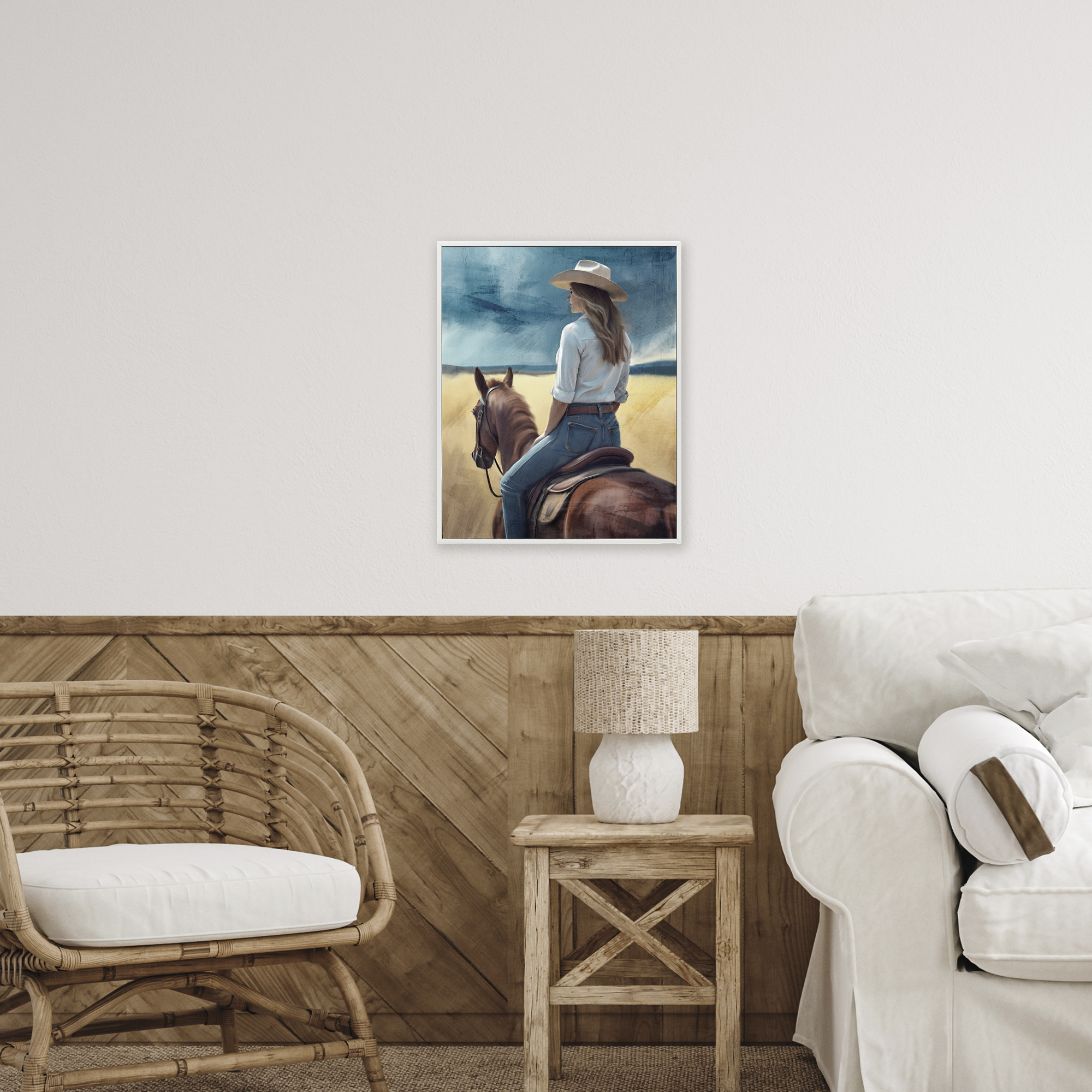 Countryside Cowgirl View White Framed Giclee Art, design by Kim Allen