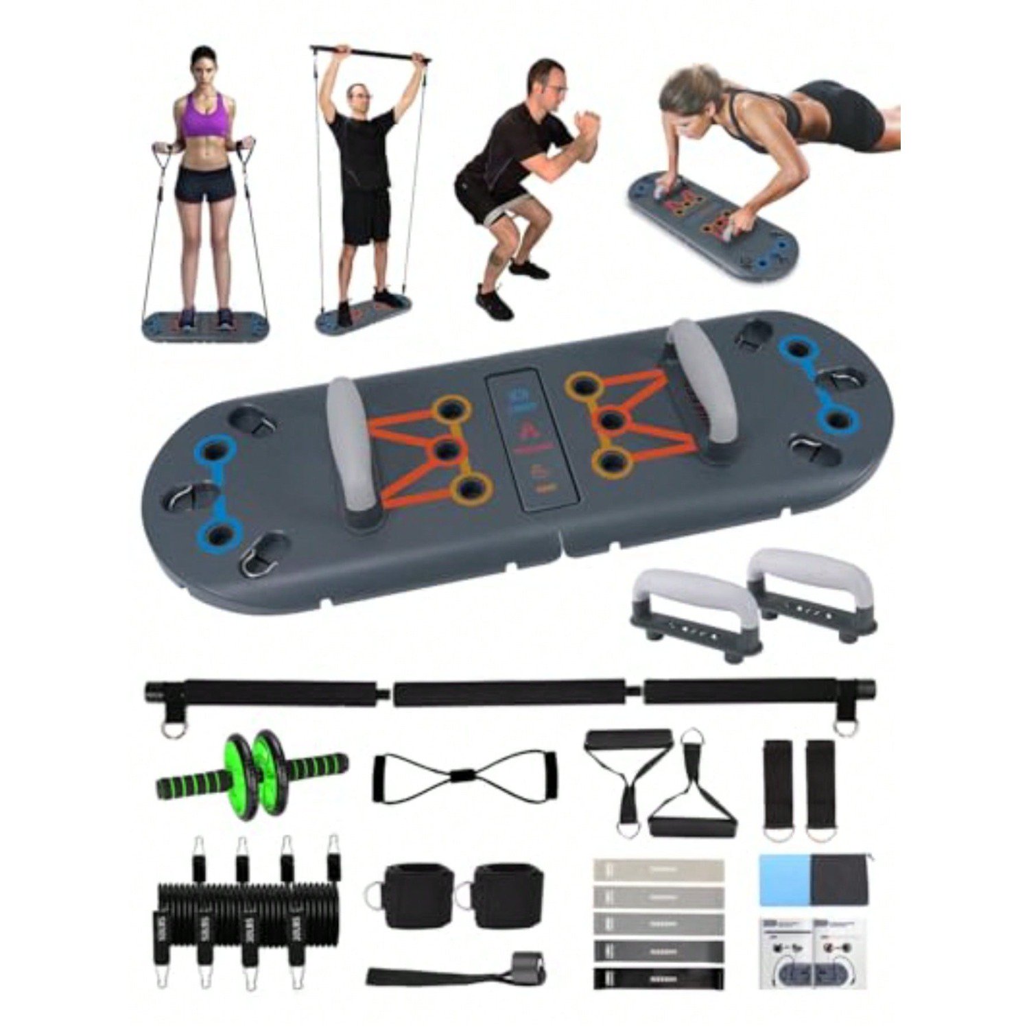PLKJ Black Home Workout Equipment To Help Achieve Fitness Goals, 27-In-1 Portable Gym Exercise Equipment With Compact Push-Up Board, Resistance Bands, Ab Roller Wheel, And Pilates Bar