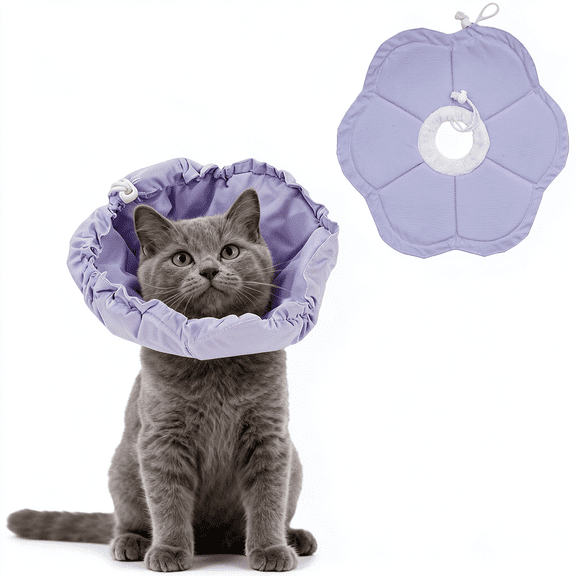 DUPAI Soft Flower Cone for Cats,Adjustable Purple Cat Cone Collar for After Surgery,Elizabethan Collar for Cat Can Protect Head and Foot Wounds,Pet Cones for Cats All-Season Style(S)